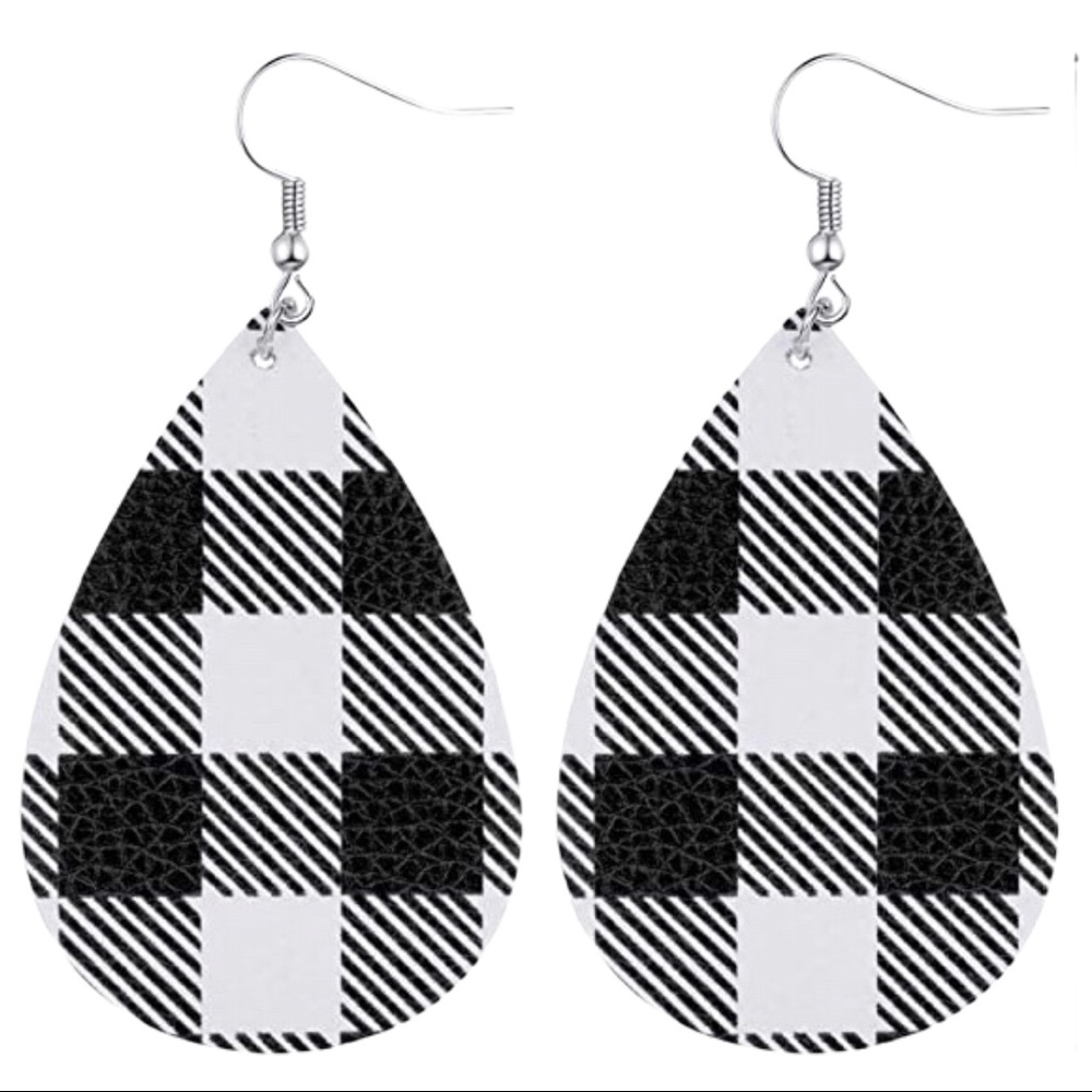 Earrings, Teardrop Plaid / Checkered Faux Leather